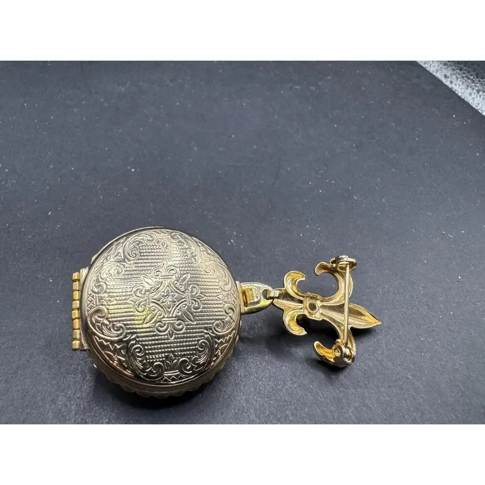 Vintage Coro Fleur De Lis Gold Tone Faux Pearl Brooch Pin Double Photo Locket
